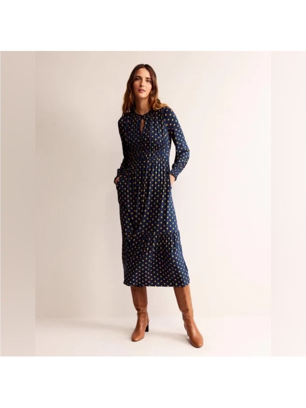 Boden Navy and White Polka Dot Long Sleeve Tiered Midi Dress